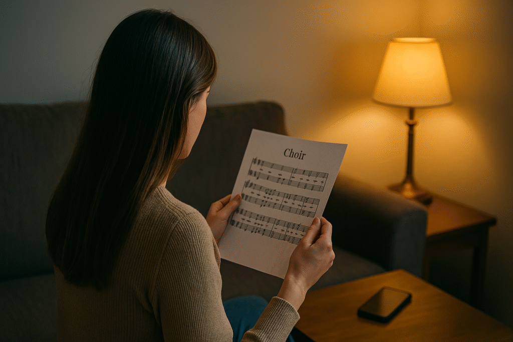 Back view of a woman on a couch reading choir sheet music; her phone sits aside on the table.