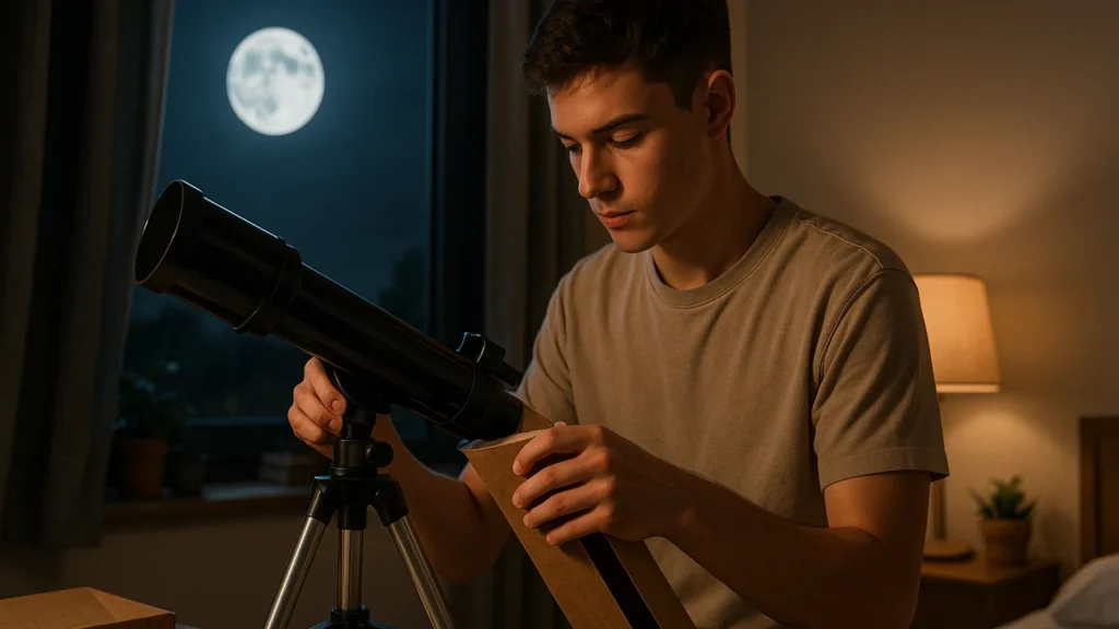 Young man getting started with his brand new telescope