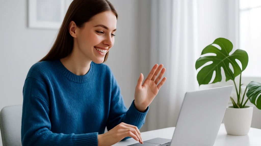Woman in blue sweater on video call at a white desk with a green plant.