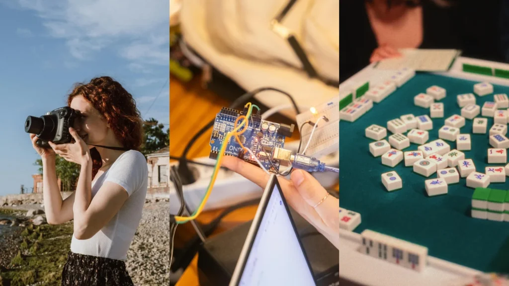 Triptych showing what is a Hobby: a woman photographing by the coast, hands assembling an Arduino board, and a friendly mahjong game at a café—three equal vertical panels.